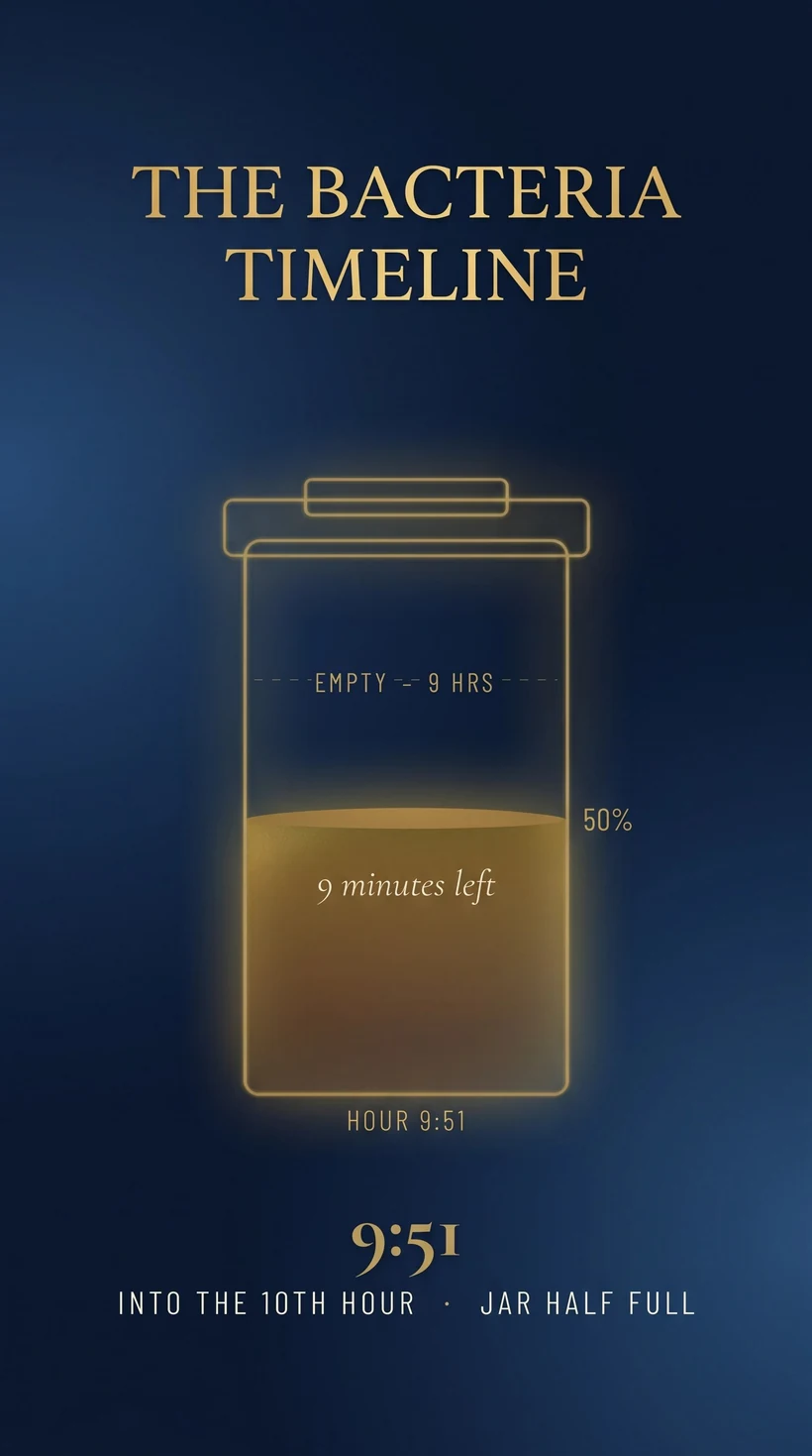 The Bacteria Timeline: the jar is half full at hour 9:51, with 9 minutes left into the 10th hour