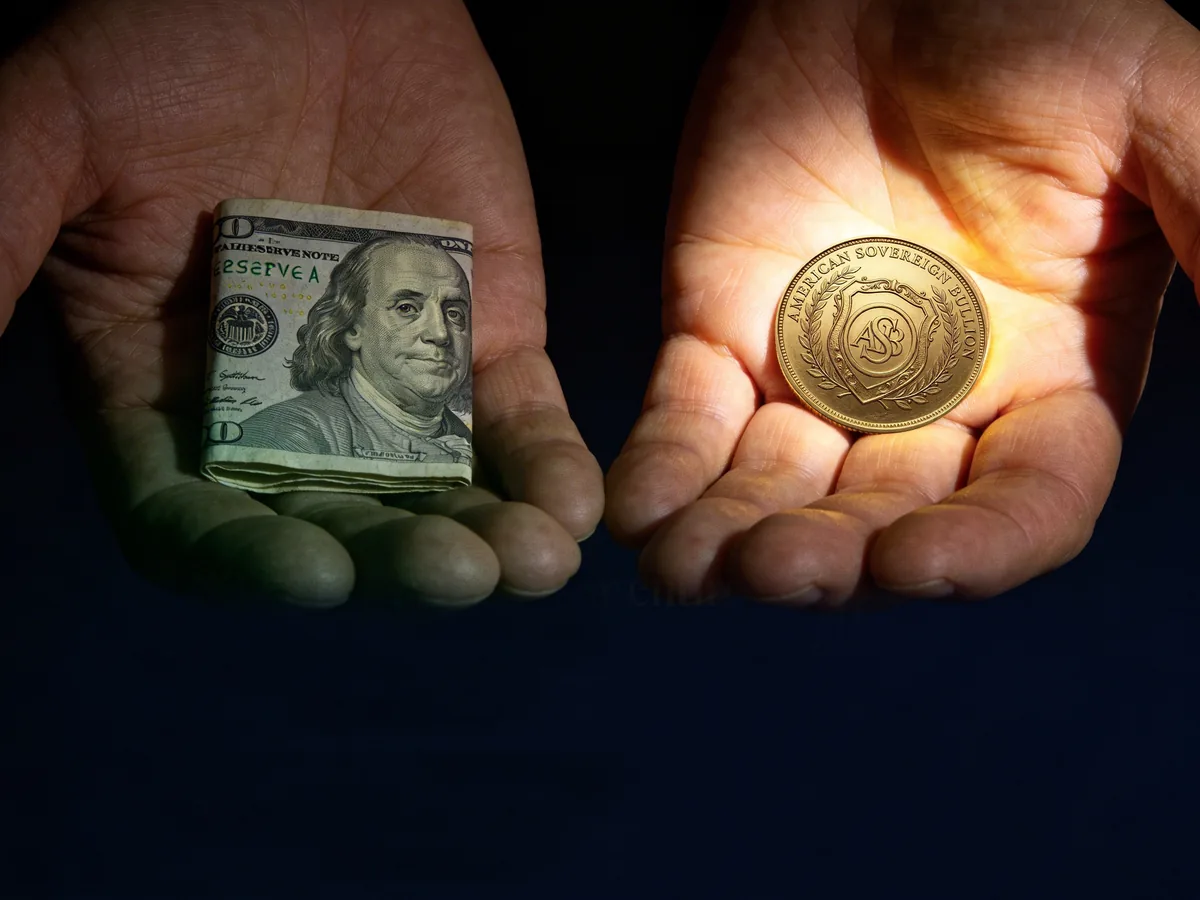 Two open hands: one holding a small folded hundred-dollar bill, the other a glowing American Sovereign Bullion gold coin