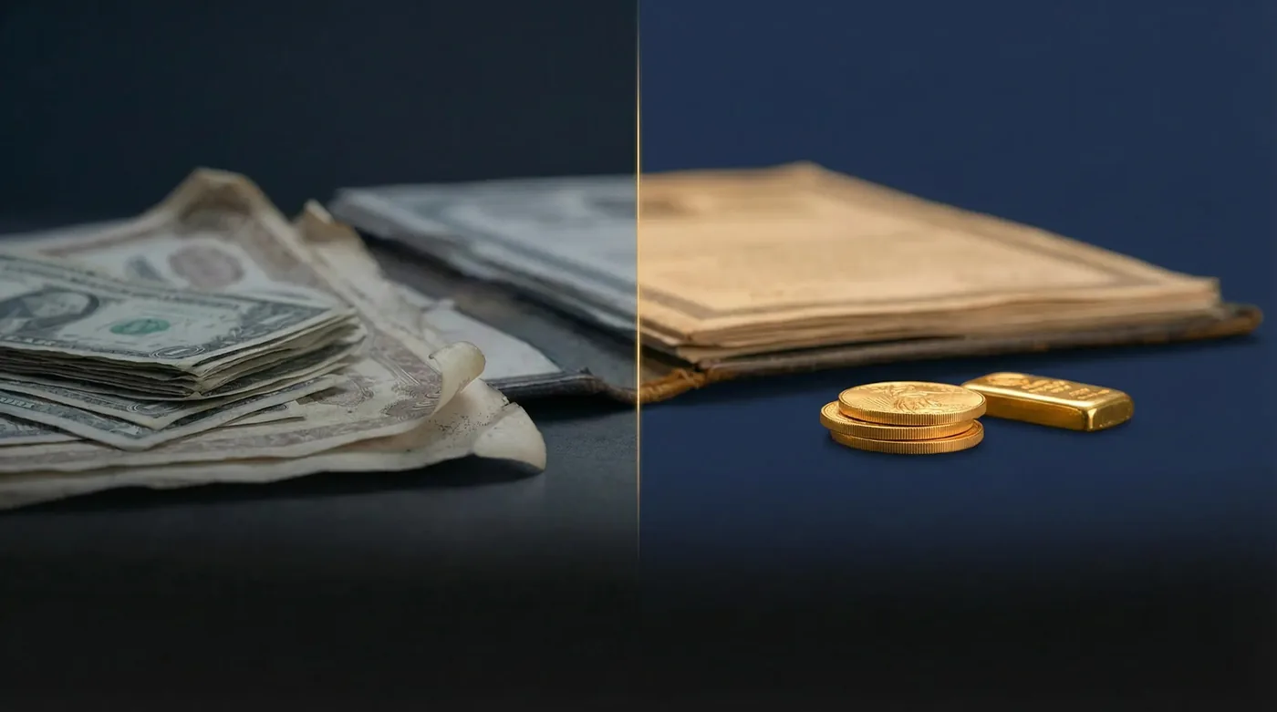 Worn paper currency on one side and physical gold coins and a bar on the other