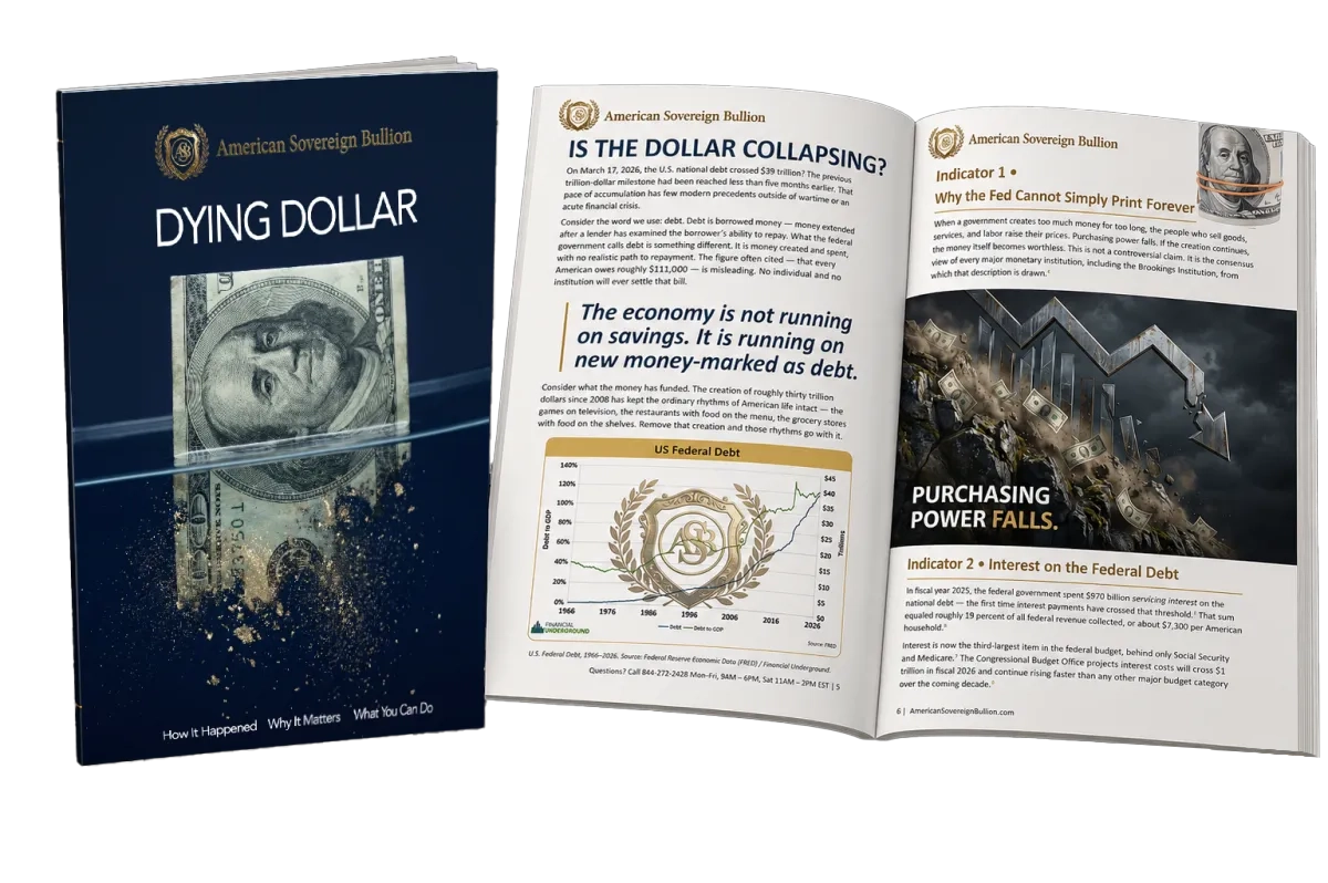 The Dying Dollar Guide, open to a spread on the failing dollar